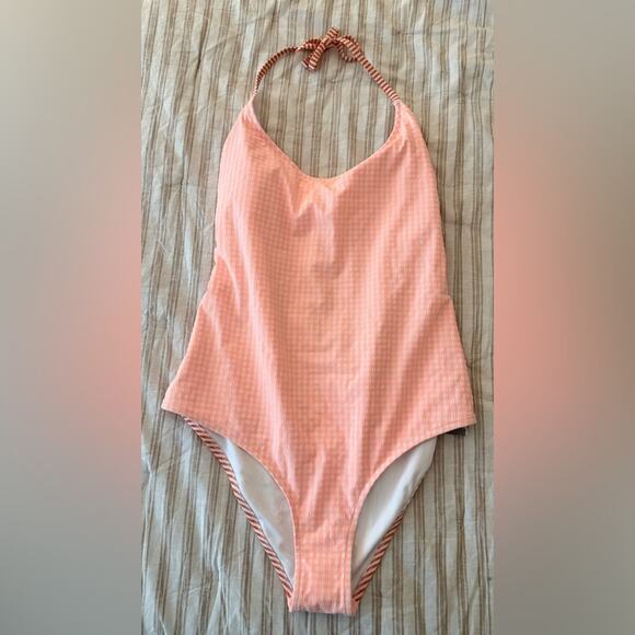 NWT Aerie Gingham & Striped One Piece Swimsuit Pink Orange Size XL - Picture 4 of 9
